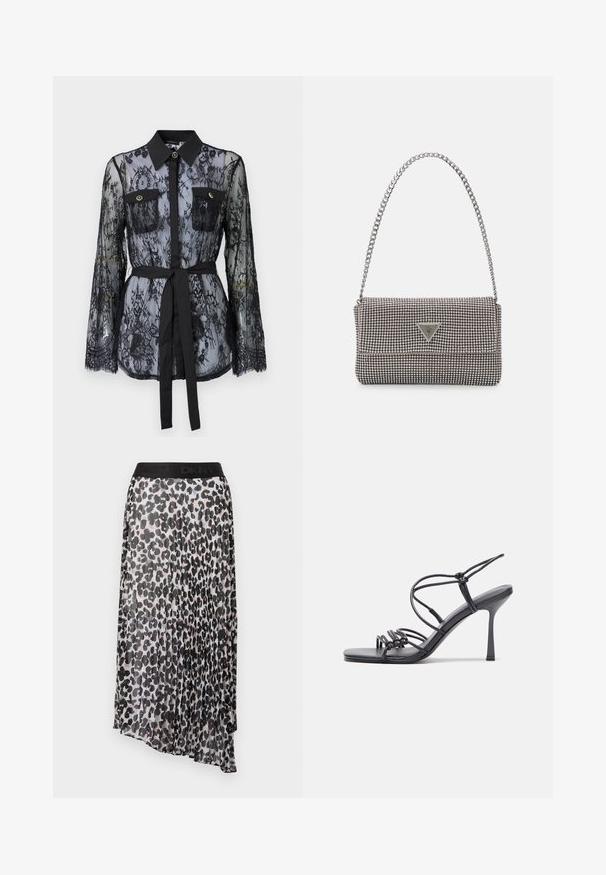 Blouse en dentelle noire avec des manches longues, des poches poitrine boutonnées, un col classique et une ceinture en tissu nouée à la taille. Design transparent.; Jupe midi plissée avec un imprimé léopard noir et beige, dotée d'une taille élastique noire avec le logo DKNY. Tissu léger et semi-transparent.; Des sandales noires à talons hauts avec des fines lanières au design noué, un bout carré lisse et un talon aiguille élégant.; Sac à main en métal gris clair avec une bandoulière en chaîne, orné de petits clous métalliques ronds et d'un logo de marque triangulaire.; Boucles d'oreilles en argent avec une finition lisse et brillante. Forme arrondie, conception légère, avec un fermoir à tige.