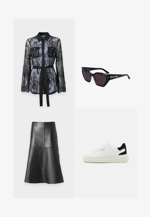 Czarna koronkowa bluzka z długimi rękawami, zapinanymi kieszeniami na piersi, klasycznym kołnierzykiem oraz materiałowym paskiem wiązanym w talii. Przezroczysty design.; Czarna skórzana spódnica A-liniowa z przeszyciami i gładką teksturą, zwężająca się ku dołowi. Prosty krój bez dodatkowych ozdób.; Białe skórzane sneakersy z grubą białą podeszwą, czarnym zamszowym akcentem na pięcie oraz wytłoczonym logotypem z boku. Projekt z sznurówkami i sześcioma dziurkami.; Czarne okulary przeciwsłoneczne w kocim kształcie, z ciemnymi soczewkami, błyszczącym wykończeniem oraz subtelnymi akcentami logo na zausznikach.