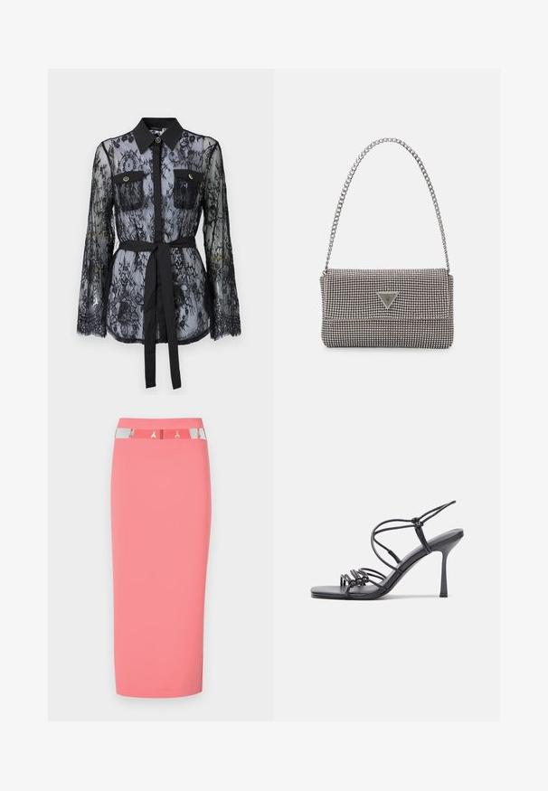 Bluză din dantelă neagră, cu mâneci lungi, buzunare la piept cu nasturi, guler clasic și o curea din țesătură legată în talie. Design transparent.; Fustă rosa din material elastic, cu un brâu argintiu și negru cu accente metalice și un design elegant, ajustat.; Sandale negre cu toc înalt au curele subțiri cu un design legat, un vârf pătrat neted și un toc stiletto elegant.; Geantă metalică gri deschis, cu un strap din lanț, decorată cu mici ținte circulare metalice și un logo de marcă triangular.; Cercei rotunzi din argint cu un finisaj neted și strălucitor. Design ușor, având o formă rotundă și închidere cu tijă.