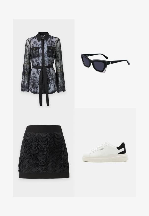 Crna čipkasta bluzica s dugim rukavima, dugmad za džepove na prsima, klasična kragna i pojas od tkanine zavezan u struku. Prozirni dizajn.; Crna mini suknja s volanima od čipke sprijeda, koja ima glatku crnu elastiku. Volani dodaju teksturu i pokret.; Bijele kožne tenisice s debelim bijelim potplatom, crnim zamšastim akcentom na peti i ugraviranim logom sa strane. Dizajn s vezicama i šest rupa za vezivanje.; Crne oversize sunčane naočale geometrijskog oblika, s tamnim staklima i kontrastnom sivom dekoracijom na okviru. Logo na dršci.