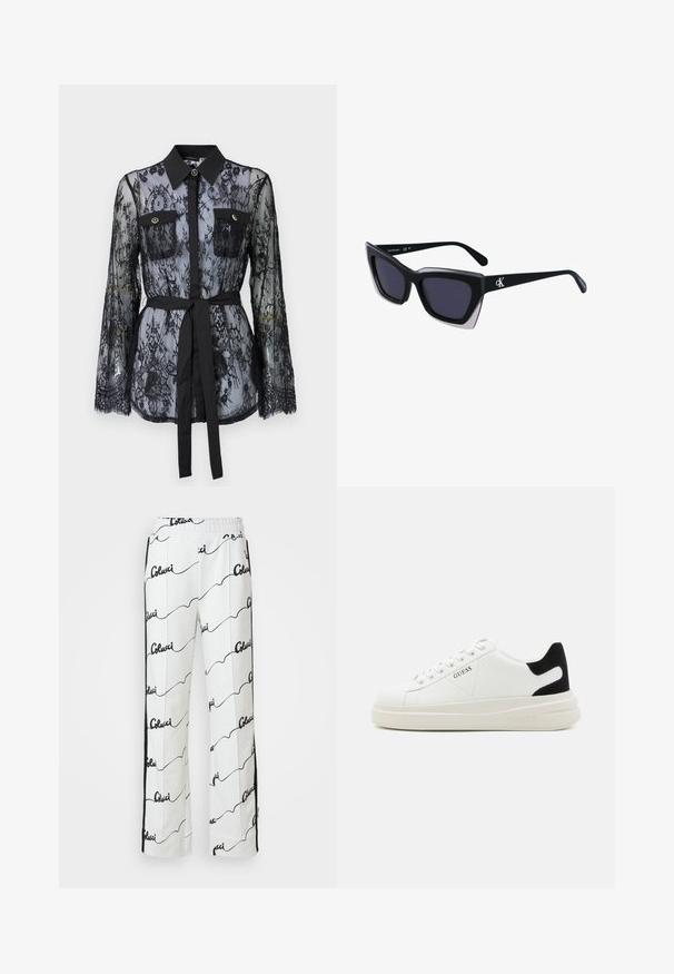 Black lace blouse featuring long sleeves, buttoned chest pockets, a classic collar, and a fabric belt tied at the waist. Transparent design.; White cotton trousers featuring a repeating black script pattern. Straight-leg design with an elastic waistband and side stripes.; White leather sneakers with a thick white sole, black suede heel accent, and embossed logo on the side. Laced design with six eyelets.; Black oversized sunglasses with a geometric shape, featuring dark lenses and a contrasting grey detail on the frame. Logo on the arm.; Silver metal earrings with a smooth, teardrop shape and a polished finish. Subtle engravings add detail. Minimalist design.