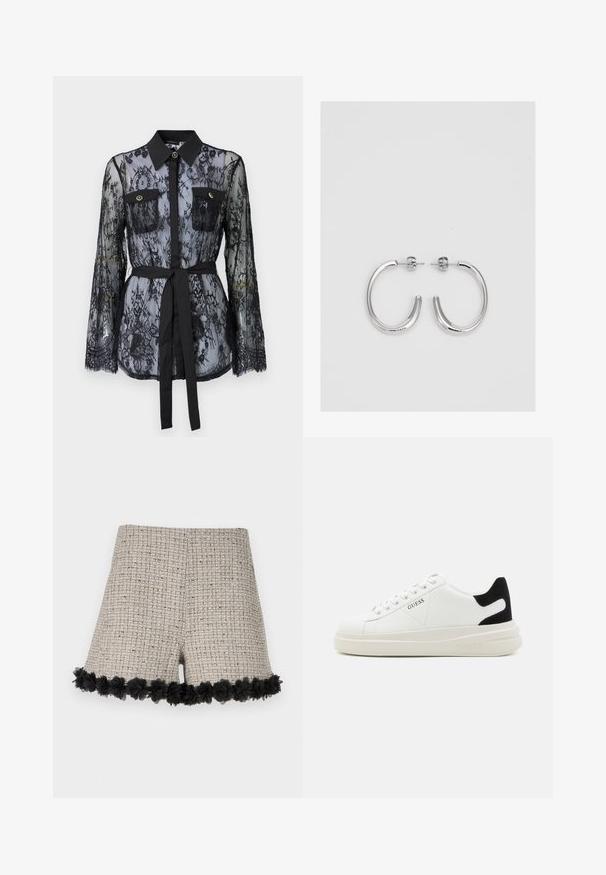 Sort blonde med lange ærmer, knaplukket brystlommer, klassisk krave og et stofbælte der er bundet om taljen. Gennemsigtig design.; Beige tweedshorts med et tekstureret mønster, der har en sort blomsterdetalje ved kanten. Designet har en generelt skræddersyet form.; Hvide lædersneakers med en tyk hvid sål, sort ruskindhælvægt og prægede logoer på siden. Snørebåndsdesign med seks øjer.; Sølv hoop øreringe med en glat, skinnende overflade. Rundet form, letvægtsdesign med post-back lukning.