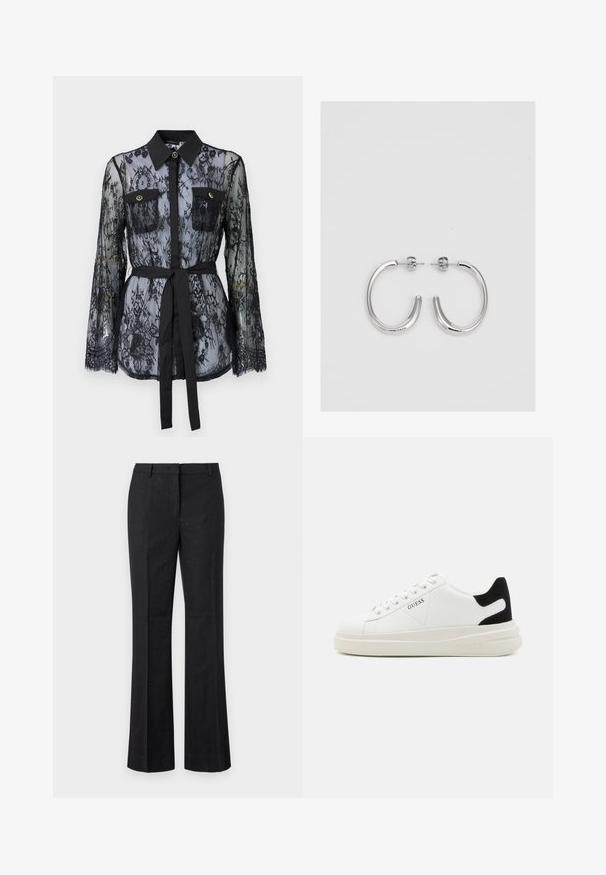Čierna čipkovaná blúzka s dlhými rukávmi, gombíkovými náprsníkmi, klasickým golierom a látkovým opaskom viazaným v páse. Priehľadný dizajn.; Čierne rozšírené nohavice vyrobené z hladkej tkaniny, s malými kovovými ozdobami po celej ploche. Majú plochý predný diel a štandardný pás.; Biele kožené tenisky s hrubou bielou podrážkou, čiernym zamekom na päte a vyrazeným logom na boku. Šnurovací dizajn so šiestimi očkami.; Strieborné kruhové náušnice s hladkým a lesklým povrchom. Okrúhly tvar, ľahký dizajn, s uzáverom na kolík.