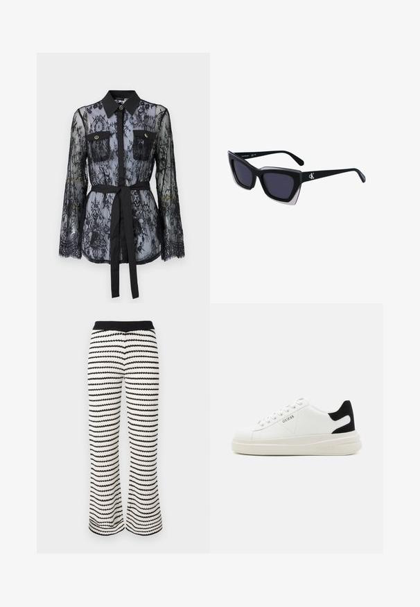 Black lace blouse featuring long sleeves, buttoned chest pockets, a classic collar, and a fabric belt tied at the waist. Transparent design.; Knitted wide-leg pants in black and white stripes. Features a ribbed waistband and textured fabric with a wavy pattern throughout.; White leather sneakers with a thick white sole, black suede heel accent, and embossed logo on the side. Laced design with six eyelets.; Black oversized sunglasses with a geometric shape, featuring dark lenses and a contrasting grey detail on the frame. Logo on the arm.