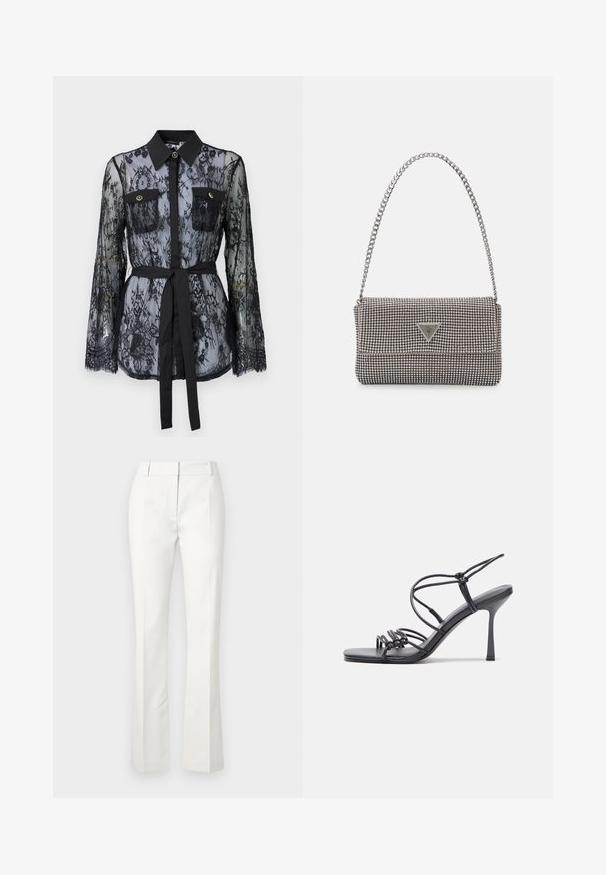 Melnas mežģīņu blūze ar garām piedurknēm, pogām kabatām uz krūtīm, klasisku apkakli un auduma jostu, kas saitē ap jostasvietu. Caurspīdīgs dizains.; Baltas pielāgots bikses ar izvērstu apakšdaļu, ar priekšējām krokām un gludu tekstūru, izgatavotas no viegla auduma.; Melnas augstpapēžu sandales ar plāniem siksniņām un mezgla dizainu, gluda kvadrātveida purngalu un elegantu stiletto papēdi.; Gaiši pelēka metāla rokassoma ar ķēdes siksnu, rotāta ar mazām apaļām metāla kniedēm un trīsstūra zīmola logo.; Sudraba riņķveida auskari ar gludu, spīdīgu apdari. Apaļas formas, viegla dizaina, ar aizdari uz stieples.