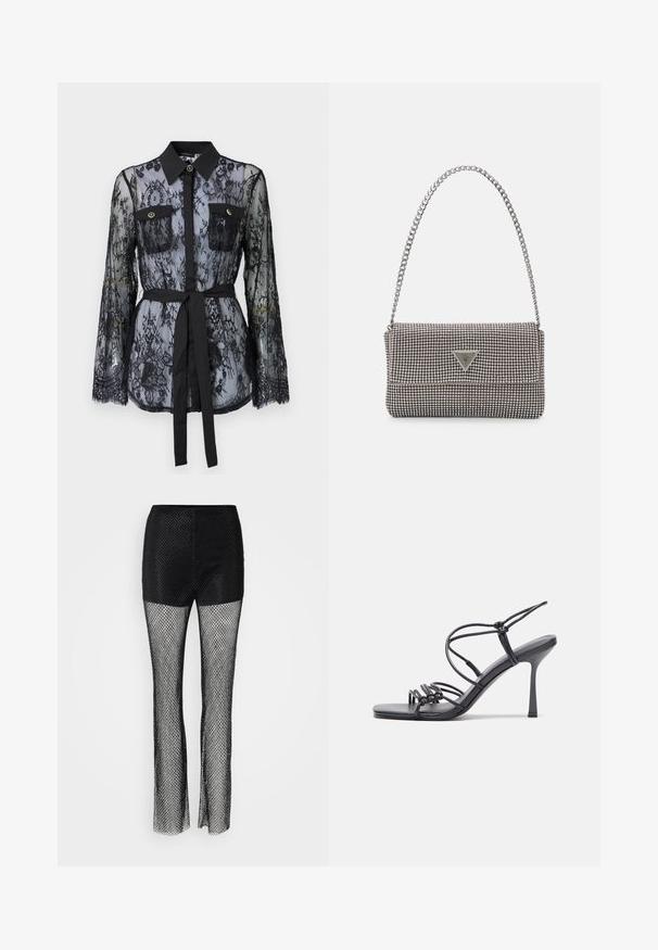 Mustapitsi pusero, jossa on pitkät hihat, napilliset rintataskut, klassinen kaulus ja kangasvyö sidottuna vyötärölle. Läpinäkyvä muotoilu.; Mustan verkkokankaan housut, joissa on kiinteä yläosa, leveä lahjamuotoilu ja teksturoitu verkkokangas koko ajan.; Mustat korkokengät sandaalit, joissa on ohuet hihnat solmittuna, sileä neliön muotoinen varvasosa ja tyylikäs stiletto-korko.; Vaalea harmaa metallinen käsilaukku, jossa on ketjusanka. Laukku on koristeltu pienillä pyöreillä metallikoruilla ja kolmion muotoisella brändilogolla.; Hopehopeet hopehopeet hopehopeet hopehopeet, jolla on sileä, kiiltävä pinta. Pyöreä muoto, kevyt rakenne, jossa on neulakiinnitys.