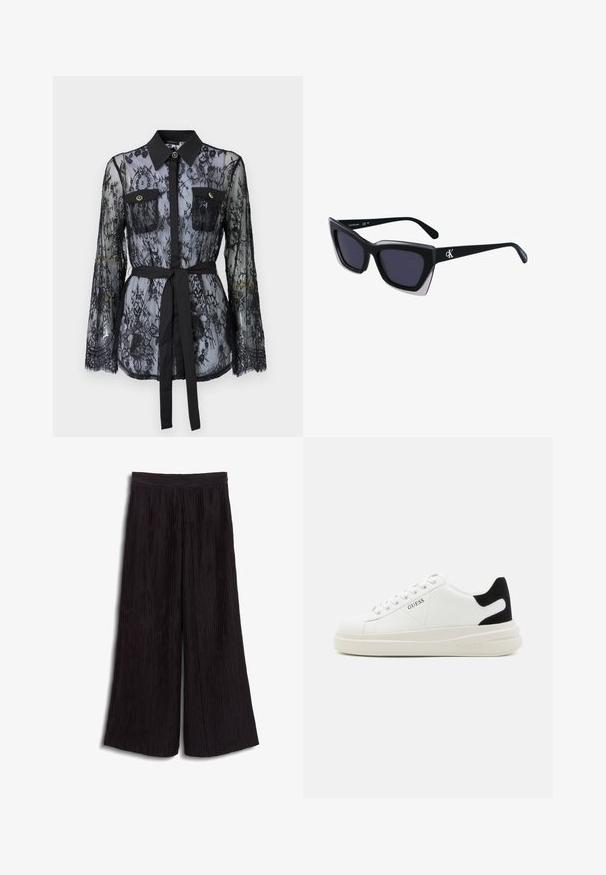 Svart blondebluse med lange ermer, knapplukking på brystlommene, klassisk krage og belte i stoff knyttet rundt livet. Gjennomsiktig design.; Sorte vidde bukser laget av teksturert stoff med vertikale folder. Har høy midje og en flytende, løs passform.; Hvite lær sneakers med tykk hvit såle, svart semsket hælforsterkning og preget logo på siden. Snøresystem med seks hull.; Store svarte solbriller i overdimensjonert størrelse med geometrisk form, med mørke linser og en kontrasterende grå detalj på rammen. Logo på armen.