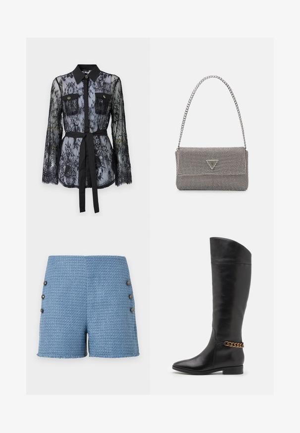 Fekete csipke blúz hosszú ujjal, gombos mellzsebekkel, klasszikus gallérral, és derékra kötött szövet övvel. Átlátszó kialakítás.; Kék szőtt sort, texturált anyagból készült, szegélye rojtos, oldalán négy díszgombbal a további részletekért.; Magas fekete bőrcsizma áramvonalas dizájnnal, hegyes orral és arany lánc díszítéssel a bokán. Alacsony, tömbsarkú. Sima felület.; Világosszürke fémes kézitáska lánc pánttal, kis kör alakú fém kifinomult díszítéssel és háromszög alakú márkagéppel.; Ezüst karika fülbevalók sima, fényes felülettel. Lekerekített forma, könnyű kialakítással, tűs zárómechanizmussal.