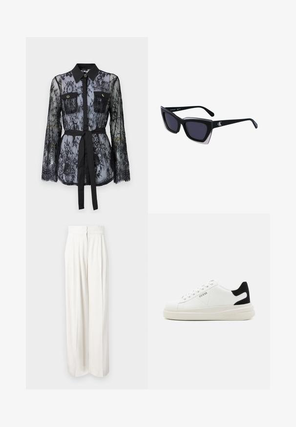 Schwarze Spitzenbluse mit langen Ärmeln, knöpfbaren Brusttaschen, klassischem Kragen und einem Stoffgürtel, der an der Taille gebunden ist. Transparenter Design.; Hochtaillierte, weite Hosen aus einfarbigem weißen Stoff. Verfügt über eine glatte Textur mit vorderen Falten und einem verdeckten Reißverschluss auf der Rückseite.; Weiße Leder-Sneaker mit einer dicken weißen Sohle, schwarzem Wildlederakzent an der Ferse und geprägtem Logo an der Seite. Schnürdesign mit sechs Ösen.; Schwarze übergroße Sonnenbrille mit geometrischer Form, ausgestattet mit dunklen Gläsern und einem kontrastierenden grauen Detail im Rahmen. Logo am Bügel.