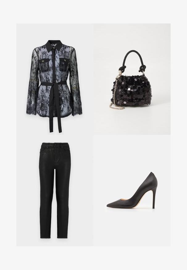 Svart spetsblus med långa ärmar, knäppta bröstfickor, klassisk krage och ett tygbälte knutet i midjan. Transparent design.; Svarta denimjeans med smal passform, har hög midja, klassisk femficksdesign och diskret glansig textur. Standard stängning med framknapp.; Svart läder högklackad pumpsko med spetstipp och slät textur, med en smal klack och minimalistisk design.; Svart paljett mini-handväska med en knuten texturerad rem och silverkedja. Rund form med samlad topp och reflekterande detaljer.