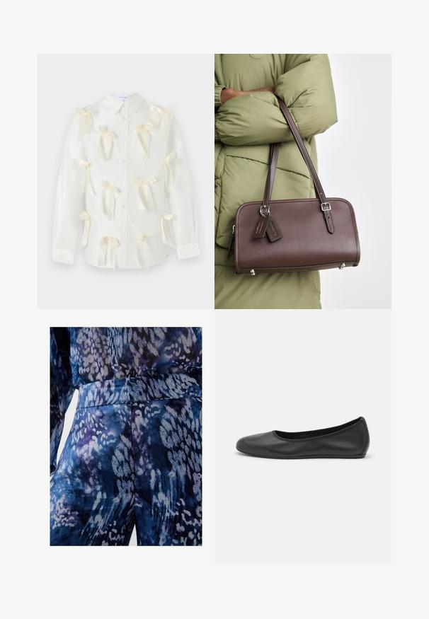 Camicia bianca con bottoni, caratterizzata da diversi fiocchi in raso color crema, texture verticale e un classico colletto.; Tessuto a fantasia blu e viola con una texture liscia, caratterizzato da forme astratte e una vita aderente. Vista ravvicinata dei dettagli dell'indumento.; Pantofole da balletto nere in pelle con punta arrotondata, texture liscia, dettagli di cucitura minimi e design con suola flessibile.; Borsa a tracolla in pelle marrone, di forma rettangolare, con una tracolla rimovibile e dettagli in metallo argentato. Presenta due etichette attaccate al manico.