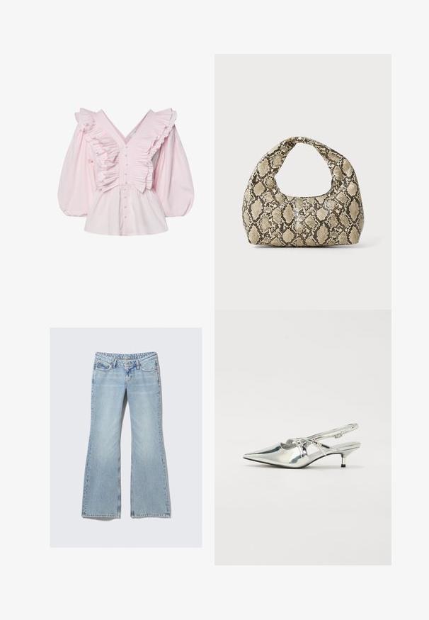 Růžová bavlněná blůza s hlubokým výstřihem do V, řasením podél korzetu a objemovými balónovými rukávy se zapínáním na knoflíky.; Weekday NOVA - Džíny Slim Fit - lip blue; Stříbrné metalické lodičky s otevřenou patou a špičatou špičkou, nízkým podpatkem typu kitten a páskovým zdobením vpředu. Hladký, lesklý povrch.; Kabelka s hadím vzorem a zakřiveným držadlem. Vyrobena z texturovaných béžových a hnědých materiálů, s charakteristickým diamantovým vzorem.