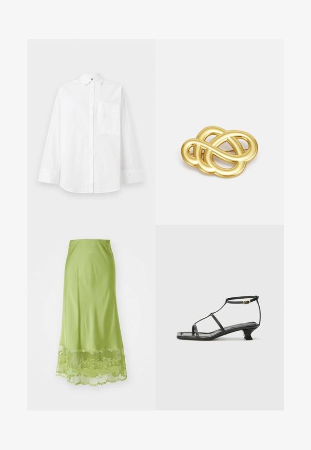 White button-up shirt made of cotton. Features long sleeves, a collared neck, and a single chest pocket. Smooth texture, classic design.; Long, lime green skirt made of smooth fabric. Features a lace trim at the hem, with floral patterns embroidered in matching color.; Black leather sandal with a square toe, thin straps, adjustable ankle strap, and a low heel. Features a small gold accent on the strap.; Gold-tone brooch featuring a knotted design with smooth, curved lines and an intricate shape, reflecting a polished finish.