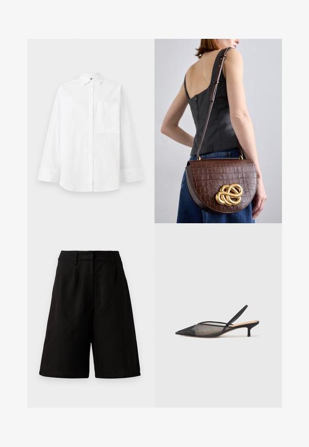 Valge puuvillane särk, millel on pikkade varrukatega, kaelus ja üks rindade tasku. Sile tekstuur, klassikaline disain.; Mustad mustrit lahtise lõikega, valmistatud kergest kangast, millel on sile tekstuur. Omavad tasast vööd ja minimaalset detailide hulka.; NEOUS IRENA - Klassikalised kontsakingad - black; Pruun, krokodillimustriga nahk-käekott, millel on kõver, struktureeritud kuju ja kuldne sõlmekaunistus. Reguleeritav rihm ja sile tekstuur.