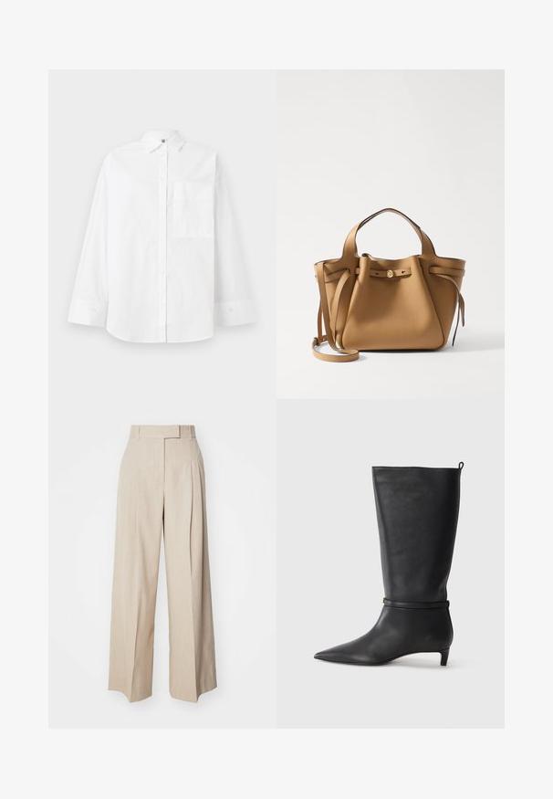 Bijela košulja dugih rukava od pamuka. Ima ovratnik i jedan džep na prsima. Glatka tekstura, klasičan dizajn.; Bež hlače širokih nogavica izrađene od teksturirane tkanine, s ravnim prednjim dijelom, nabranim detaljima i pojasom. Nogavice su ravne i lepršave.; Crne kožne čizme visine do koljena s izduženim prstima, ukrašene okruglom trakom oko gležnja i niskom, suženom petom. Glatka tekstura.; Tory Burch ROMY PEBBLED SATCHEL - Ručna torba - tiramisu