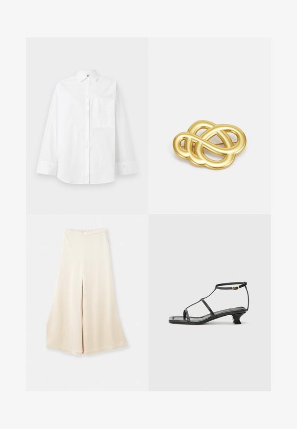 Biela košeľa na gombíky z bavlny. Má dlhé rukávy, golier a jednu náprsné vrecko. Hladká textúra, klasický dizajn.; Béžové široké nohavice z hladkej látky s vysokým pásom a jemným padaním. Majú voľný strih a čisté, jednoduché línie.; Čierna kožená sandála so štvorcovou špičkou, tenkými popruhmi, nastaviteľným pásikom okolo členka a nízkym podpätkom. Obsahuje malý zlatý akcent na popruhu.; Brošňa v zlatej farbe s uzlovým dizajnom, hladkými, zakrivenými líniami a zložitým tvarom, ktorá odráža leštený povrch.
