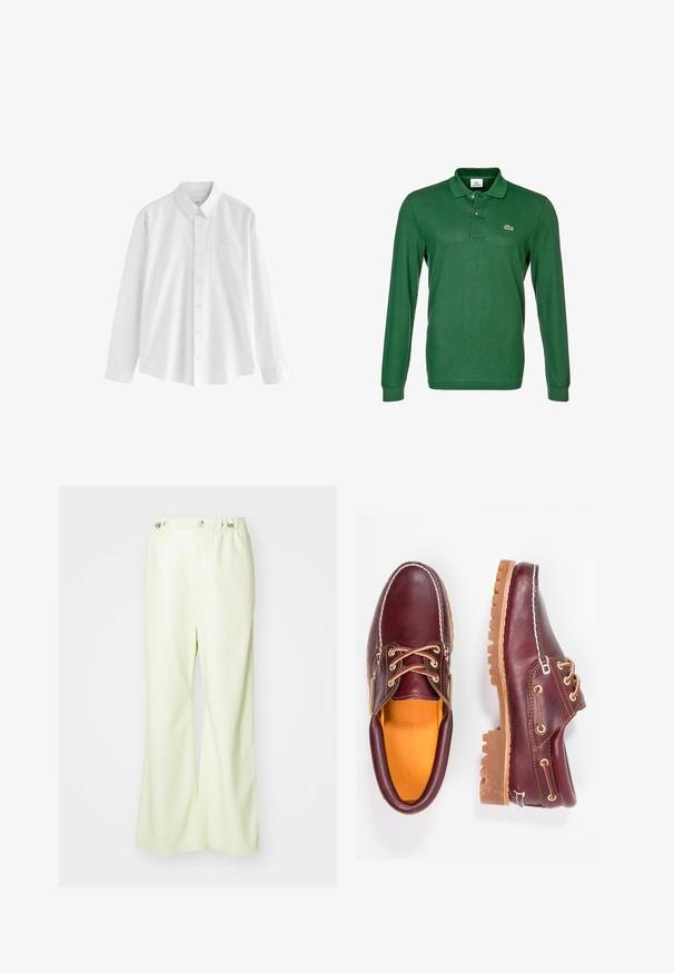 Witte longsleeve shirt van katoen met een button-down kraag, een enkele borstzak en een ontspannen pasvorm. Bevat kleine knopen aan de voorkant.; Groene lange mouwen polo shirt van zacht materiaal. Voorzien van een drie-knopen sluiting en een klein geborduurd logo op de borst.; Lichtgroene wijde broek van soepel, licht glanzend materiaal. Bevat een knoop- en elastische tailleband, met een schone, op maat gemaakte uitstraling.; Bordeaux leren schoenen met bruine rubberen zolen, ronde neus, witte stiksels en gouden veterogen. Het interieur heeft een gele voering.