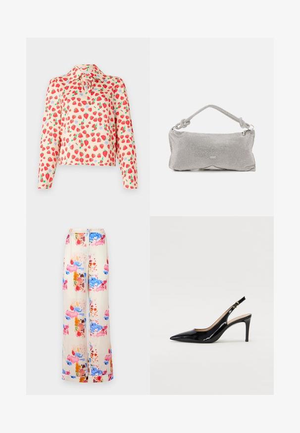 Dlouhý rukáv blůza z lehkého broskvového materiálu, s potiskem jahod, zelenými listy a modrými květy, s límečkem na knoflíky a detailem kravaty.; Kalhoty širokého střihu vyrobené z krémové látky s barevným akvarelovým vzorem v odstínech růžové, modré a oranžové. Lehké a prodyšné.; Černé lakované slingback lodičky s špičatou špičkou, úzkým podpatkem a jemným výřezem. Obsahují zlatou sponu na řemínku.; Stříbrná metalická síťová taška přes rameno s uzlem na rukojeti, zipem na zavírání a geometrickým tvarem s hladkým povrchem.