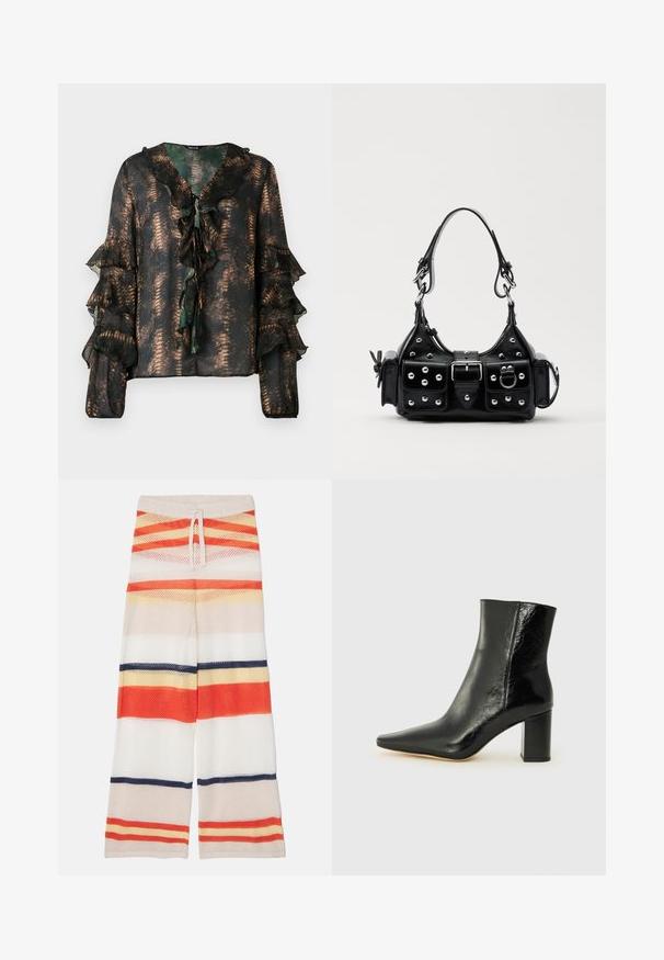 Sheer dark blouse with bronze snake pattern, ruffled V-neckline with ties, and tiered ruffle long sleeves with elastic cuffs.; Mesh wide-leg pants featuring horizontal stripes in red, orange, yellow, white, and navy. Elastic waistband with a drawstring detail.; Black ankle boot made of glossy leather with a pointed toe and a chunky, square heel. Features a smooth texture and minimalistic design.; Black leather handbag with a curved design, featuring silver studs, a buckle, and two side pockets. Adjustable strap for carrying options.
