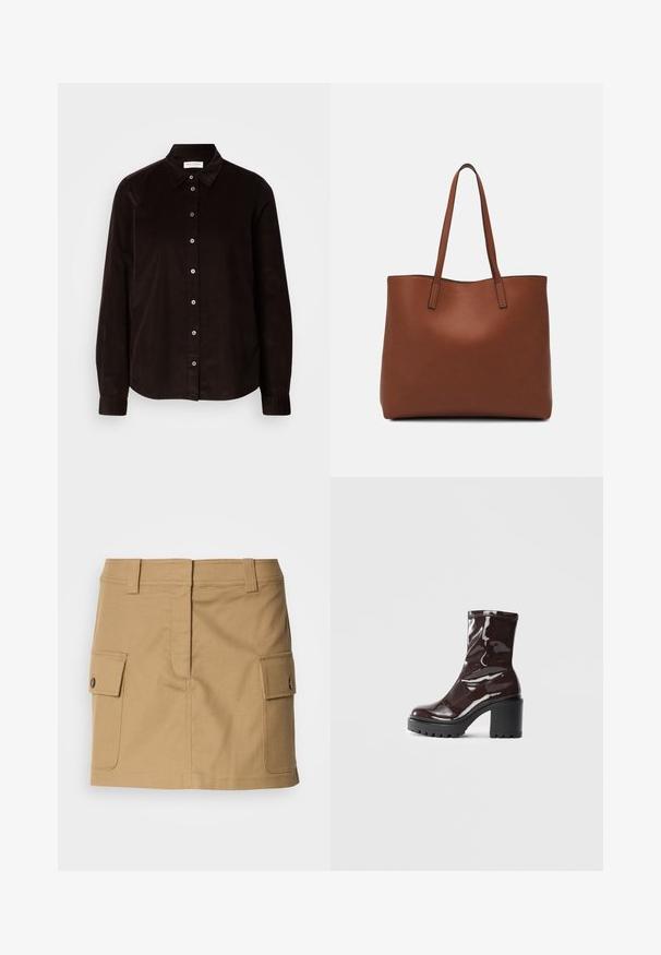 Tumši brūns garām piedurknēm kordūru krekls ar apkakli un priekšējo pogu aizdari, izlikts plakani uz gaiša fona.; Khaki krāsas kokvilnas svārki ar piegulīgu jostu, divām sānu kabatām ar klapatēm un taisnu griezumu. Izturīgs audums ar gludu tekstūru.; Spīdīgas bordo potīšu botītes ar masīlu melnu papēdi, kurām ir gluda tekstūra un vienkāršs dizains. Nav redzamu aizdari vai rakstu.; Brūna ādas iepirkumu soma ar gludu tekstūru, atvērta augšdaļa un divas plecu siksnas. Izceļas ar minimālām šuvēm un redzamu aparatūru nav.