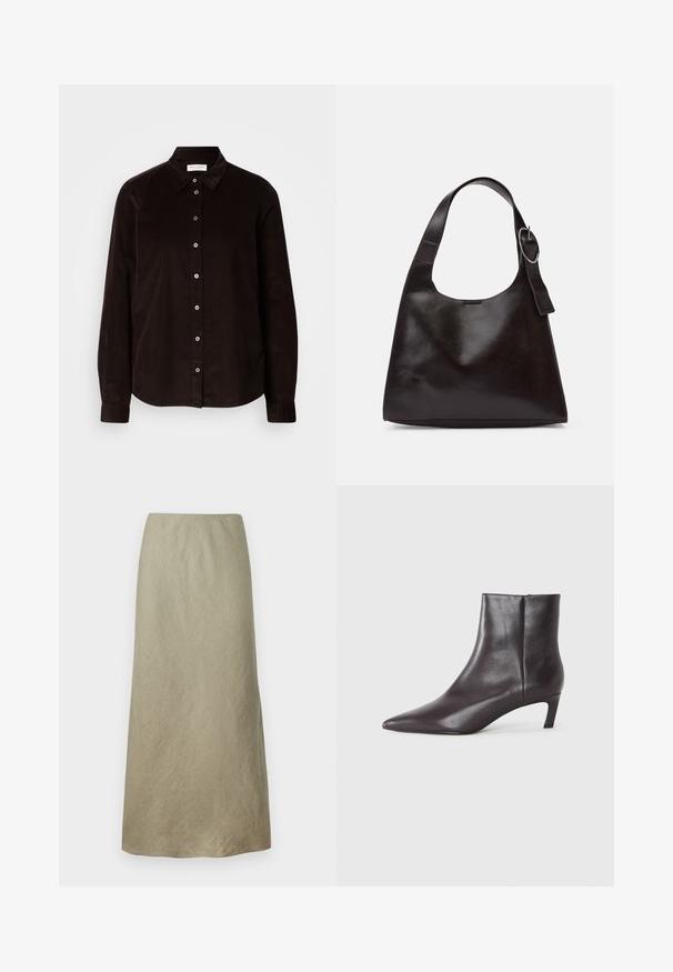 Dark brown long-sleeve corduroy shirt with collar and front button closure, displayed flat against a light background.; Knee-length, A-line skirt in soft, olive green fabric with a subtle texture and no visible fastenings or embellishments.; Black leather ankle boot with pointed toe and low kitten heel, smooth finish, side zipper, shown on a neutral background.; Brown leather shoulder bag with a smooth texture, rounded shape, wide strap, and circular metallic accent on the handle.