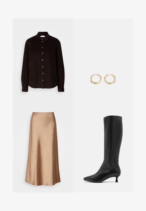 Mørkebrun langærmet fløjlsskjorte med krave og frontknaplukning, vist fladt mod en lys baggrund.; Satin midi-nederdel i en lys brun nuance med en glat, flydende silhuet, der har en subtil glans og en let udvidet kant.; Zign Høje støvler/ Støvler - black; Gul hoop ørestikker med en struktureret, uregelmæssig form. Har en sømløs lukning og en poleret overfladefinish, der fremhæver et moderne design.