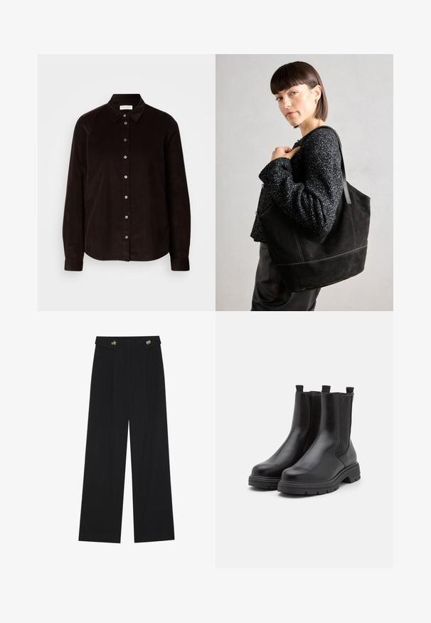 Camisa de corduroy de manga larga color marrón oscuro, con cuello y cierre frontal de botones, exhibida plana sobre un fondo claro.; Pantalones de pierna ancha negros con cintura alta, detalles de botones en la cinturilla y pliegues en la parte delantera.; Botas de tobillo de cuero negro con paneles elásticos en los laterales, punta redondeada y suela de goma gruesa. Cuenta con tiradores para poner y quitar fácilmente.; Bolso tote de ante negro con una textura suave, forma estructurada y costuras en contraste. Presenta asas largas para llevar en el hombro.