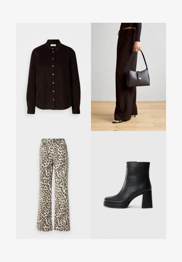 Ciemnobrązowa koszula z długim rękawem z korduroju z kołnierzykiem i zapięciem na guziki z przodu, wyeksponowana na jasnym tle.; Spodnie dżinsowe w lamparcie cętki z wysokim stanem, jasnobeżową bazą i ciemnoczesnymi plamami; fason dzwonów; solidny materiał o miękkiej teksturze.; Czarne skórzane botki za kostkę z blokowym obcasem i platformą, widok z boku na białym tle.; Czarna torebka o usztywnionym kształcie, gładkiej fakturze i metalowym zapięciem. Połączona z szerokimi czarnymi spodniami i sandałami na otwartym palcu na drewnianej podłodze.