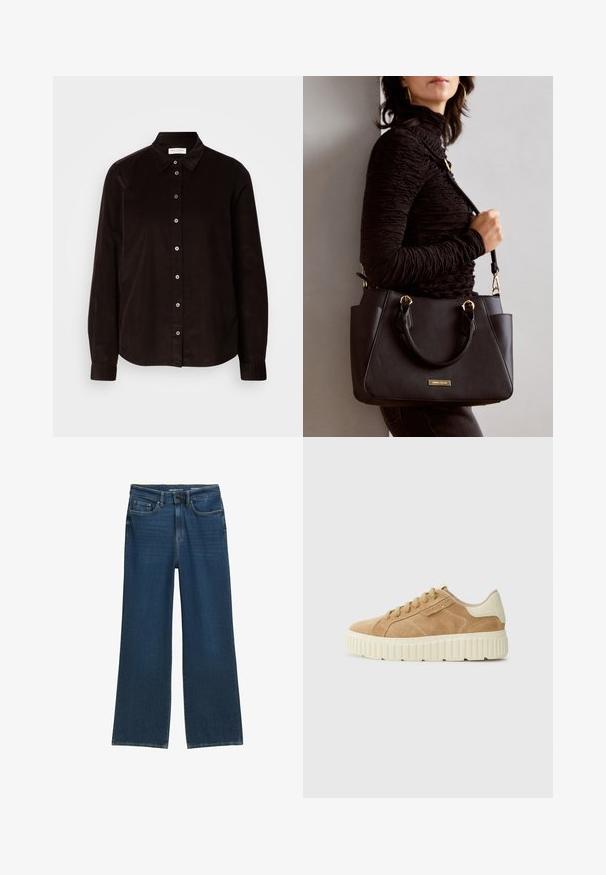 Tummanruskea pitkähihaista korduroy-paitaa, jossa on kaulus ja edessä nappisulku, esitetty litteänä vaaleataustalla.; Tummansiniset leveälahkeiset farkut, joissa on viisi taskua, nappisulku ja huomaamattomat ompeluyksityiskohdat saumoissa.; Tan-nahkakengät paksulla kerma-värisellä kumipohjalla, pyöreällä kärjellä, kuudella nauhakujiolla ja vahvistetulla kantapäällä, jossa on logokoristeet.; Musta käsilaukku, jossa on teksturoitu pinta, kaksi yläkantta ja säädettävä olkahihna. Varustettu kultasävyisillä varusteilla ja sivutaskuilla.