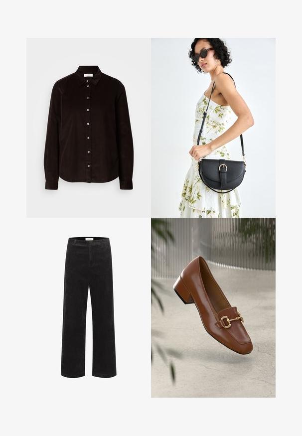 Tamsiai ruda ilgomis rankovėmis velveto marškiniai su apykakle ir priekiniais mygtukais, išdėstyti plokščiai prieš šviesią foną.; Juodos velveto plataus skersvato kelnės su vertikaliu raštu, struktūruotu liemeniu ir plokščiu priekiu. Audinys atrodo minkštas su šiek tiek blizgesio.; Rudi lakinės odos loafer'iai su kvadrato formos nosimi, metalinėmis grandinėlių detalėmis ir žemu blokiniu kulnu; sklandus tekstūra, minimalistinis dizainas.; Juodas odinis krepšys su išlenkta forma, nuimamu dirželiu ir auksiniais detalėmis. Krepšys turi kilpą su sagtimi.