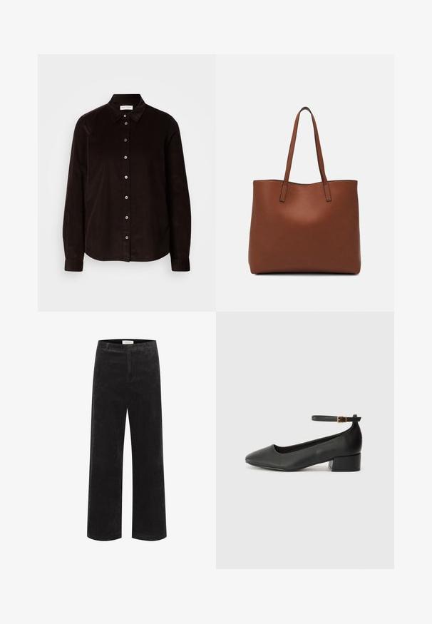 Sötétbarna, hosszú ujjú kordbársony ing gallérral és elöl gombos záródással, világos háttérrel szemben sík felületen elhelyezve.; Fekete kordbársony széles szárú nadrág, függőleges bordázással, formázott derékrésszel és sima elülső résszel. Az anyag lágy hatású, enyhe fényével.; Fekete bőr magassarkú cipő hegyes orral és alacsony tömb sarkal. Bokapánttal rendelkezik, aranyszínű csattal. Simább textúra.; Barna bőr vászontáska sima textúrával, nyitott tetejű dizájnnal és két vállpánttal. Minimális varrással és látható hardver nélkül készült.