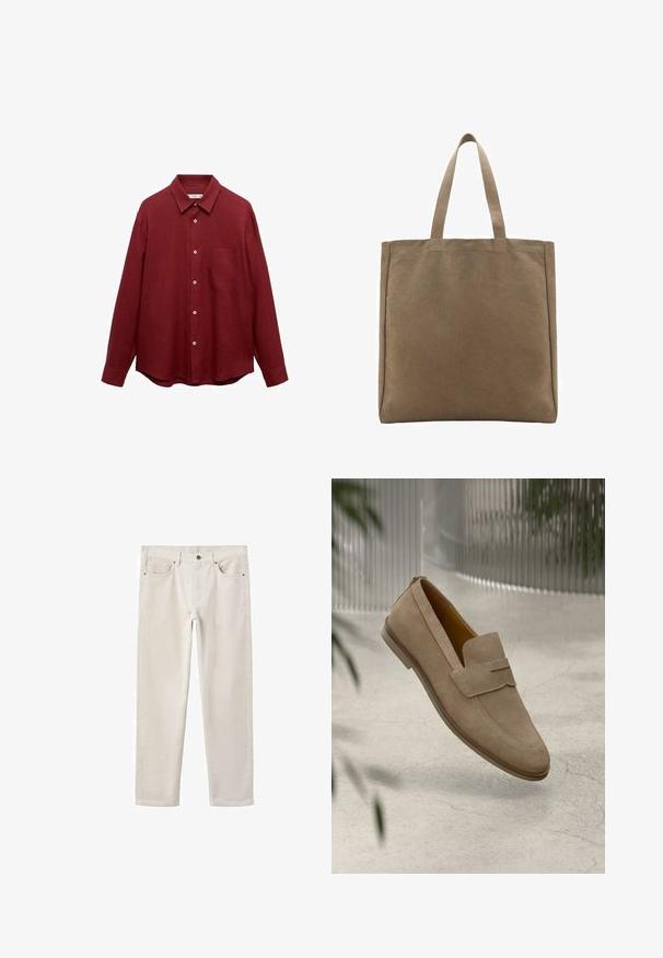 Burgundy long-sleeve shirt made of linen with a button-down collar, front pockets, and a curved hem; features white buttons.; Light beige cotton jeans with a straight leg, five-pocket design, metal button closure, and subtle texture. No visible patterns or accents.; Beige suede slip-on shoe with a moccasin-style design, featuring a decorative strap and stitching details, resting above a textured surface.; Canvas tote bag in tan, featuring two sturdy handles. Rectangular shape with a smooth texture and no visible embellishments.