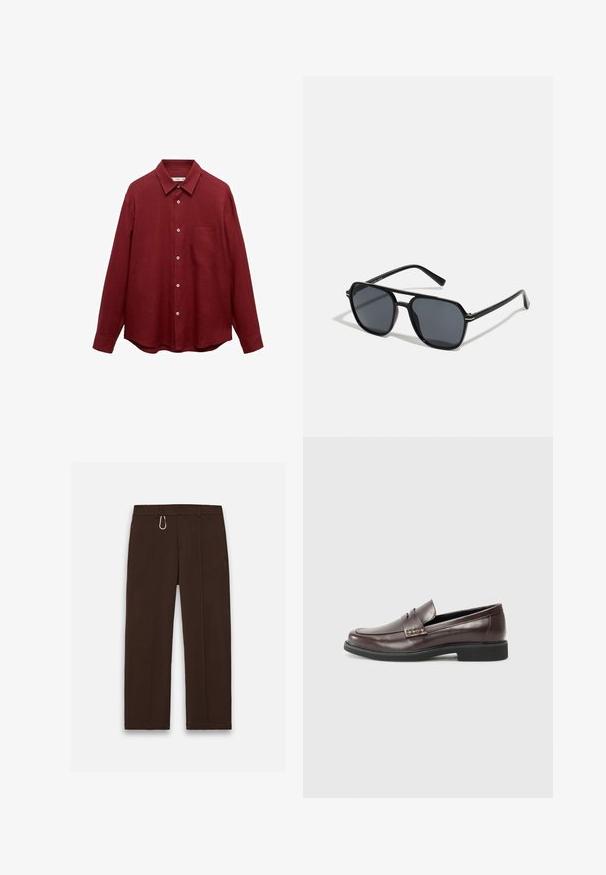 Chemise bordeaux à manches longues en lin avec un col boutonné, poches avant et ourlet arrondi ; dotée de boutons blancs.; Pantalons marron à jambes larges en tissu lisse avec une fermeture éclair et un clip à mousqueton comme accent notable, comprenant deux poches latérales.; Mocassins en cuir marron avec une finition lisse, présentant un léger détail de couture sur le dessus et une semelle en caoutchouc noire.; Lunettes de soleil noires avec monture octogonale, verres foncés, finition brillante, branches fines et accents dorés sur l'avant.