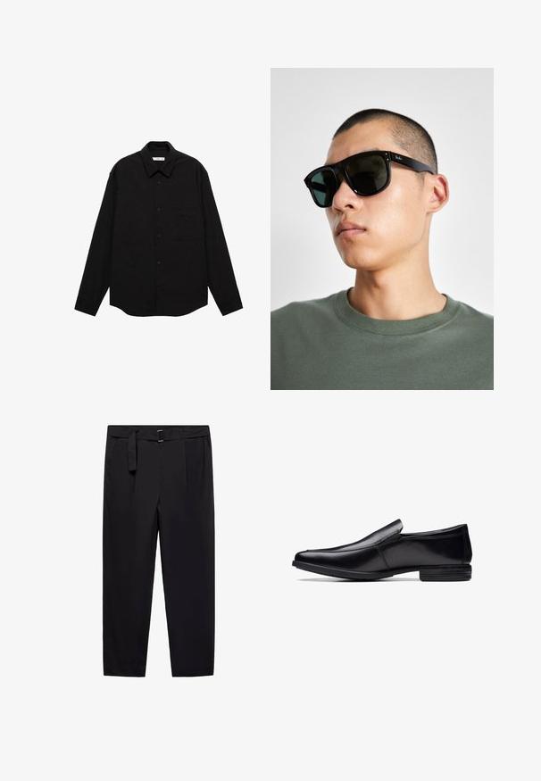 Čierna košeľa s dlhým rukávom v zvrásnenom textúre, so špicatým golierom, predným zapínaním na gombíky a náprsné vrecko.; Čierne nohavice s rovným strihom, pútka na opasok a odnímateľný opasok. Hladká tkanina s bočnými vreckami a bez viditeľných vzorov alebo kovania.; Čierne kožené nazúvacie topánky s špicatou špičkou, lesklým dokončením, jemným prešívaním a nízkou gumovou podrážkou.; Čierne obdĺžnikové slnečné okuliare s tmavými sklami, s charakteristickým tvarom a značkou na ramene. Nosí ich osoba v zelenej košeli.; Čierna taška s dlhými uchami, vyrobená z hladkej textílie. Obsahuje prednú vrecko a minimalistický dizajn. Žiadne viditeľné kovanie ani vzory.