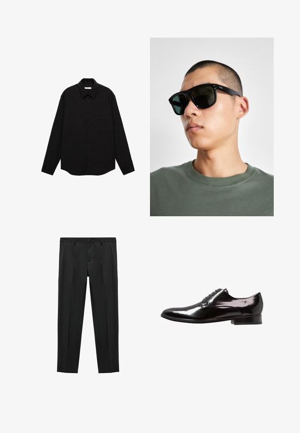 Čierna košeľa s dlhým rukávom v zvrásnenom textúre, so špicatým golierom, predným zapínaním na gombíky a náprsné vrecko.; Čierne nohavice s priliehavým strihom, vyrobené z hladkej tkaniny, s dvoma prednými pukmi a plochým pásom. Bez viditeľných kovových súčiastok; jednoduchý dizajn.; Čierne kožené šaty s vysokým leskom, šnurovací dizajn, zaoblená špička a malý podpätok, s minimálnymi detailmi.; Čierne obdĺžnikové slnečné okuliare s tmavými sklami, s charakteristickým tvarom a značkou na ramene. Nosí ich osoba v zelenej košeli.