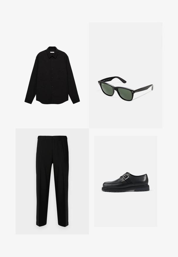 Musta pitkähihainen paita rypistetystä materiaalista, jossa on terävä kaulus, nappilukko edessä ja rintatasku.; Mustat housut sileästä kankaasta, suora malli, kaksi etutaskua sekä vetoketjulla ja napilla varustettu etulukitus.; Musta nahkakenkä, jossa on sileä pinta, pyöreä muoto ja hopea solkiyksityiskohta. Paksu musta pohja, jossa on pito.; Mustat muoviset aurinkolasit, joissa on vihreät linssit, neliönmuotoiset kehykset, hopeinen yksityiskohta kulmakarvojen kohdalla sekä tekstuuriset temppeleiden varret. Brändi ilmoitettu sisävarsissa.