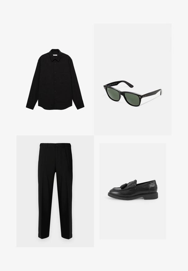 Black long-sleeve shirt in a crinkled texture, featuring a pointed collar, front button closure, and a chest pocket.; Black trousers made of smooth fabric, featuring a straight cut, two front pockets, and a zip fly with button closure.; Black leather loafers with a rounded toe, decorative tassels, stitched detailing, and a low rubber sole. Classic slip-on design.; Black plastic sunglasses with green lenses, square frames, silver accent on the brow, and textured temple arms. Stated brand on inner arm.