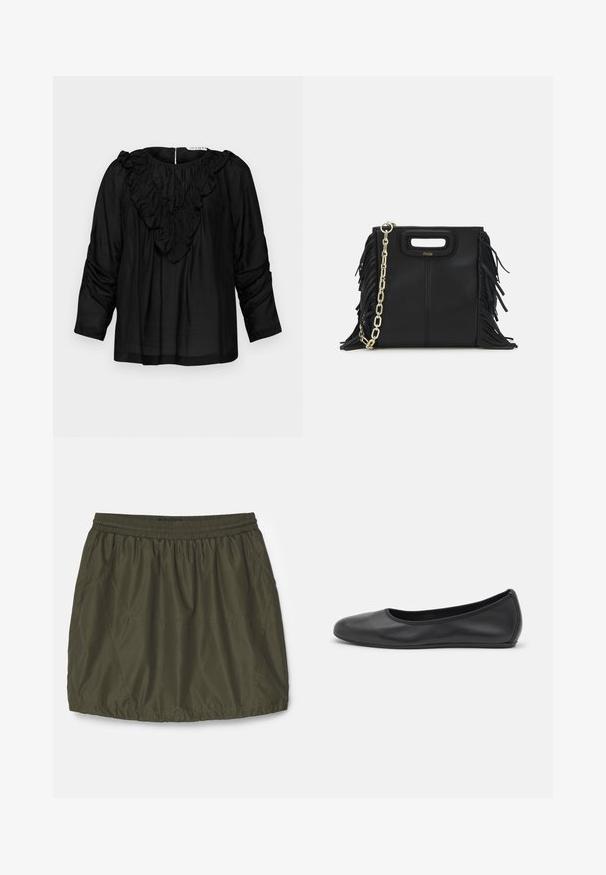 Schwarze Bluse mit einem Rüschenausschnitt in V-Form, Dreiviertelärmeln und gerafften Details an den Schultern, aus einem glatten, leichten Stoff gefertigt.; Olivengrüner, leichter Rock mit elastischem Bund, geraffter Textur, Seitentaschen und genähten Details.; Schwarze Leder-Ballettschuhe mit abgerundeter Spitze, glatter Textur, minimalen Nähdetails und einem flexiblen Sohlen-Design.; Schwarze Lederhandtasche mit Fransen-Details, goldener Ketten-Schulterriemen und einem ausgeschnittenen Griff. Mit Logoplatzierung auf der Vorderseite.