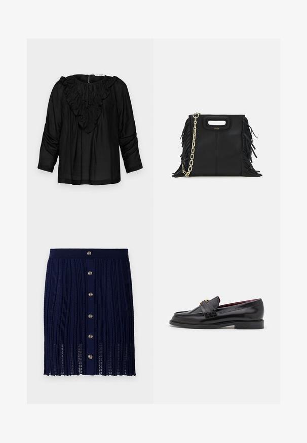 Juoda palaidinė su raukšlėtu V formos iškirpimu, trimis ketvirtadaliais rankovėmis ir surinktomis detalėmis ant pečių, pagaminta iš lygaus, lengvo audinio.; Maje JITOURA - Mini sijonas - marine; Juodi odiniai loaferiai su siuvinėtu raštu, lygia tekstūra, auksiniu sagties detaliu ir apvalia nosimi, ant žemo juodo pado.; Juodas odinis rankų darbo rankinys su frinzuotomis detalėmis, auksine grandinės petneša ir išpjauto dizaino rankena. Pirmoje pusėje yra logotipo vieta.