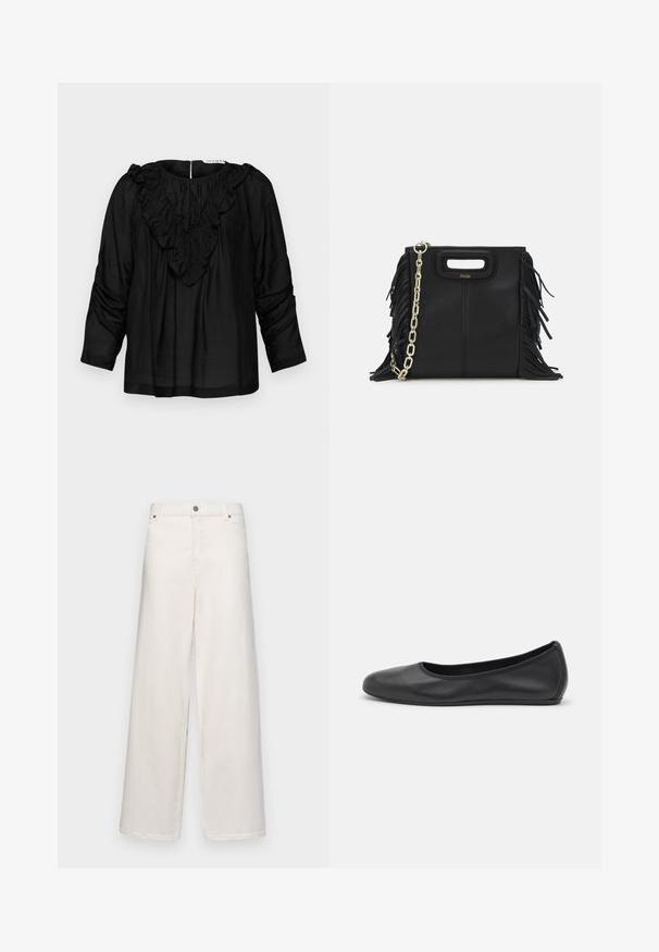 Mustmustükk musta bluusiga, millel on volangiga V-kaelus, kolmeveerandilise pikkusega varrukad ja kogutud detailid õlgadel, valmistatud siledast ja kergest kangast.; Kreemivärvi laia säärega püksid puuvillast. Omab nööbiga kinnitust, vöökohaklooppe ja kahte eesmist taskut. Sile tekstuur, minimaalse säraga.; Musthave mustika tantsutossud mustast nahast, ümmarguse varbaga, siledast tekstuurist, minimaalse õmblusdetailiga ja paindliku tallakujundusega.; Musta nahk käekott, millel on frantsiisid, kuldne ahelsanga ja lõigatud käepide. Esiosas on logot.