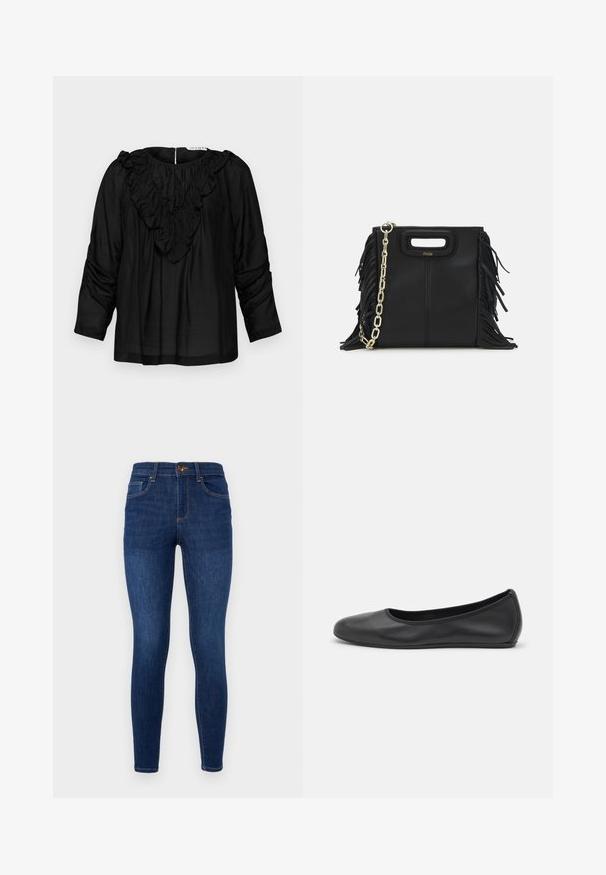Fekete blúz fodros V-nyakkal, háromnegyedes ujjakkal és redőzött részletekkel a vállakon, sima, könnyű anyagból készült.; Sötétkék farmer skinny nadrág, magas derékkal, klasszikus öt zsebes kialakítással, finom kontrasztvarrással és fém gombos záródással.; Fekete bőr balettcipő lekerekített orral, sima tekstúrával, minimális varrással és rugalmas talp kialakítással.; Fekete bőr kézitáska, frufrus részletekkel, arany láncos vállpánttal és kivágott fogantyúval. Az elülső részen logó található.