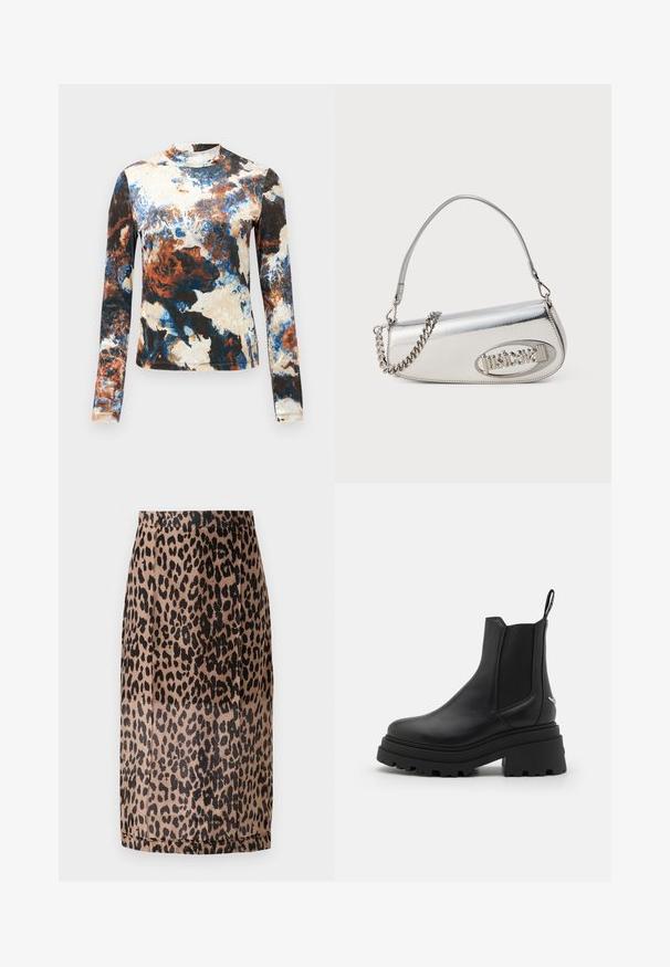 Rukávová blúzka v kombinácii modrých, hnedých a krémových abstraktných vzorov. Mäkká látka s priliehavým strihom a vysokým golierom.; Sukňa v leopardom vzore v béžovej a čiernej farbe. Hladká tkanina, priliehavý strih s dĺžkou po kolená a skrytou elastickou páskou. Žiadne viditeľné zapínanie.; Čierne chelsea čižmy vyrobené z hladkej kože s elastickými bočnými panelmi, hrubou, ryhovanou gumovou podrážkou a pútkom vzadu.; Strieborná metalická kabelka s okrúhlo trojuholníkovým tvarom, s logom, reťazovým popruhom a hladkou textúrou. Zips na bočnej strane.