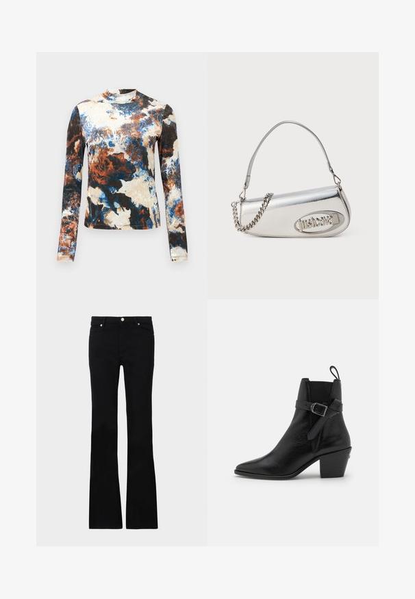 Ilga rankovė palaidinė su mėlynos, rudos ir grietinėlės spalvų abstrakčiais raštais. Minkšta medžiaga, prigludusi forma ir aukšta apykaklė.; Juodi plačios kojų džinsai, pagaminti iš denimo, turintys dvi priekinės kišenes, užsegimą su mygtuku ir lygią tekstūrą. Išsiuvinėjimas matomas siūlėse.; Juodų odinių aulinukų iki kulkšnies su smailiu nosiu, kvadratiniu kulnu ir šoniniu sagties detalėmis. Pasižymi sklandžia tekstūra ir kilpos detale nugarinėje pusėje.; Sidabrinė metalinė rankinė apvalios trikampio formos, su logotipu, grandeline juosta ir lygiu paviršiumi. Užtrauktukas šone.