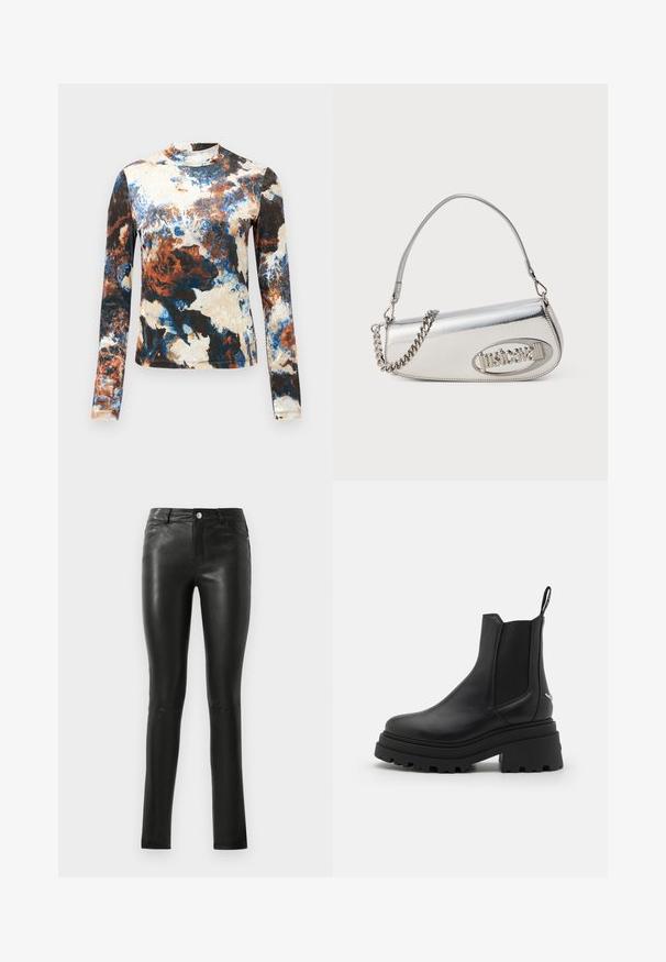 Dlouhý rukáv top v kombinaci modrých, hnědých a krémových abstraktních vzorů. Měkká látka s přiléhavým střihem a vysokým výstřihem.; Černé kožené kalhoty s přiléhavým střihem, hladkou texturou, středním pasem a jemnými detailem švů. Obsahují přední kapsy a kovový knoflík.; Černé chelsea boty vyrobené z hladké kůže s elastickými bočními panely, silnou, strakatou gumovou podrážkou a poutkem na zadní straně.; Stříbrná metalická kabelka s zaobleným trojúhelníkovým tvarem, obsahující logo, řetízkový popruh a hladký povrch. Uzávěr na zip na boku.