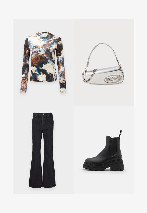 Long-sleeve top in a blend of blue, brown, and cream abstract patterns. Soft fabric with a fitted design and high neck.; Black denim flared jeans featuring vertical white stripes, five-pocket design, high waist, and metal button closure.; Black chelsea boots made of smooth leather with elastic side panels, a thick, ridged rubber sole, and a pull tab at the back.; Silver metallic handbag with a rounded triangular shape, featuring a logo, chain strap, and smooth texture. Zipper closure on the side.