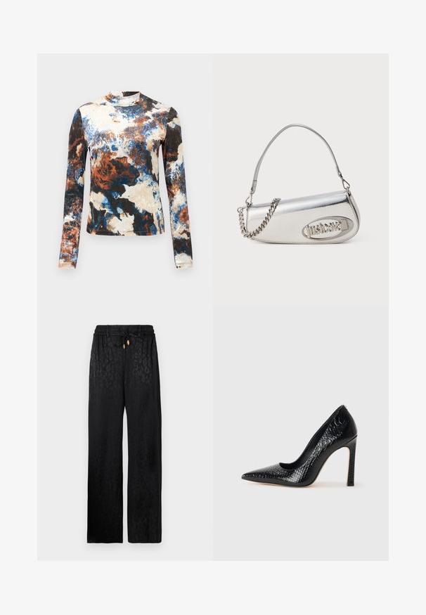Long-sleeve top in a blend of blue, brown, and cream abstract patterns. Soft fabric with a fitted design and high neck.; Black wide-leg trousers in smooth fabric with a subtle leopard pattern, featuring an elastic waistband and adjustable drawstring closure.; Black pointed-toe high heel shoe with a crocodile-skin texture, featuring a sleek design, high stiletto heel, and smooth black interior.; Silver metallic handbag with a rounded triangular shape, featuring a logo, chain strap, and smooth texture. Zipper closure on the side.