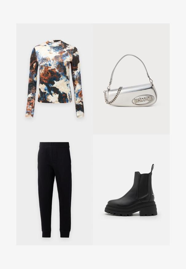 Langærmet top i en blanding af blå, brun og cremefarvede abstrakte mønstre. Blødt stof med en tætsiddende pasform og høj hals.; Sorte joggingbukser lavet af blødt stof, med elastisk taljebånd, slim fit, sidelommer og tapered manchetter ved anklerne.; Sorte chelsea støvler lavet af glat læder med elastiske sidepaneler, en tyk, rillede gummisål og en pull-tab bagpå.; Sølv metallic håndtaske med en afrundet trekantet form, der har et logo, kædetræk og glat tekstur. Lynlås lukning på siden.