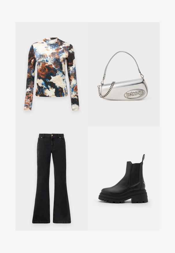 Ilga rankovė palaidinė su mėlynos, rudos ir grietinėlės spalvų abstrakčiais raštais. Minkšta medžiaga, prigludusi forma ir aukšta apykaklė.; Juoda plačiai išsiplėtusi džinsai su penkiomis kišenėmis, priekiniais mygtukais ir kontrastingais siūlais. Audinys turi lygų tekstūrą.; Juodi Chelsea batai, pagaminti iš lygaus odos, su elastingais šonų paneliais, storu, grotuotu guminio pado ir su traukimo įrankiu gale.; Sidabrinė metalinė rankinė apvalios trikampio formos, su logotipu, grandeline juosta ir lygiu paviršiumi. Užtrauktukas šone.