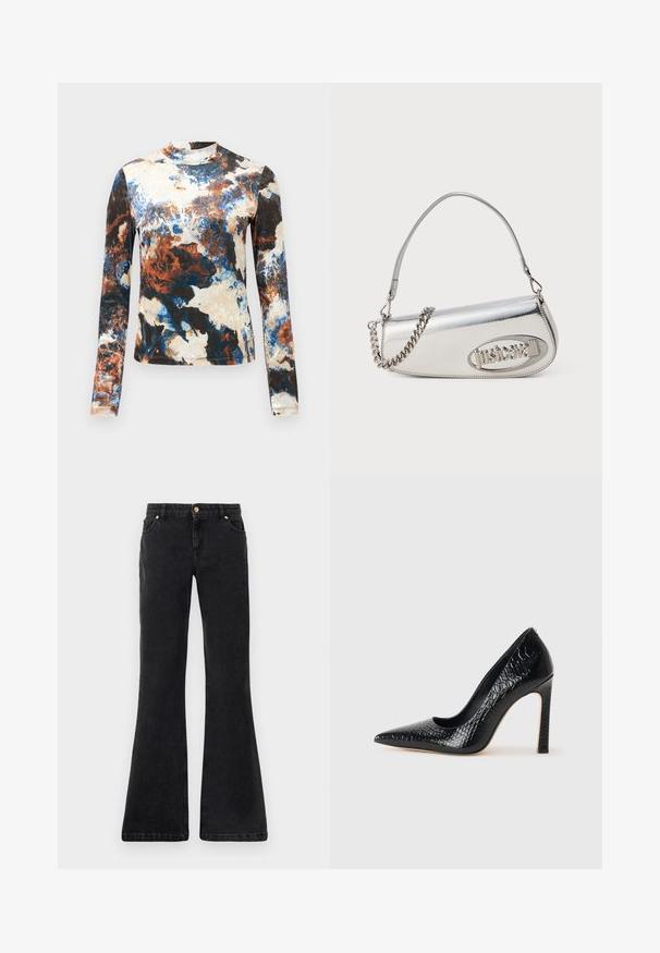 Long-sleeve top in a blend of blue, brown, and cream abstract patterns. Soft fabric with a fitted design and high neck.; Black flared denim jeans with five pockets, a front button closure, and contrast stitching. Fabric has a smooth texture.; Black pointed-toe high heel shoe with a crocodile-skin texture, featuring a sleek design, high stiletto heel, and smooth black interior.; Silver metallic handbag with a rounded triangular shape, featuring a logo, chain strap, and smooth texture. Zipper closure on the side.