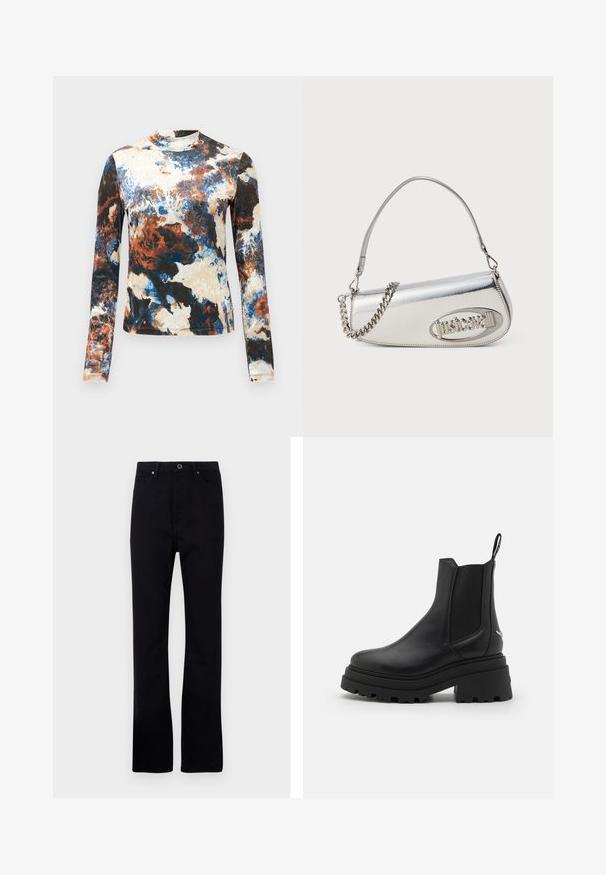 Pitkähihainen paita, jossa sekoitus sinisestä, ruskeasta ja kremestä koostuvista abstrakteista kuvioista. Pehmeä kangas, istuva malli ja korkea kaulus.; Mustat denim-housut suoran lahkeen muotoilulla, viisi taskua, metallinappikiinnitys ja hienovarainen texture. Ei näkyviä kuvioita tai logoja.; Mustat Chelsea-nilkkurit, jotka on valmistettu sileästä nahasta, joissa on joustavat sivupaneelit, paksu, uritettu kumipohja ja vetonuppi takana.; Hopealimetalliinen käsilaukku, jossa on pyöreä kolmio muoto, jossa on logo, ketjuhihna ja sileä pinta. Vetoketjukiinnitys sivussa.